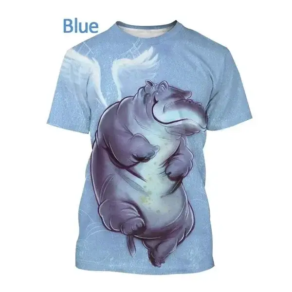 T-shirt à imprimé graphique hippopotame de dessin animé, personnalité animale, mode masculine, décontracté, drôle, impression 3D, streetwear, basique, col rond, manches courtes