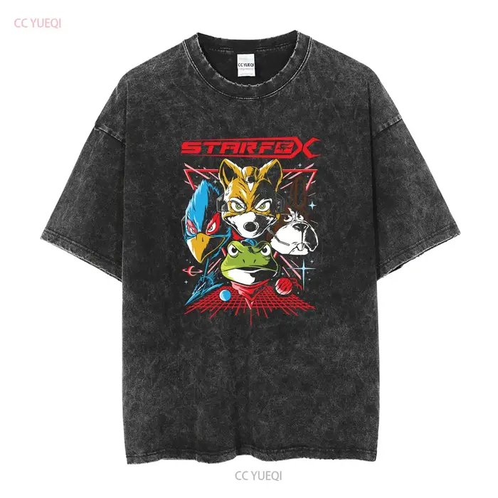 Star Fox t-shirt noir jeux vidéo S M L XL vintage délavé graphique décontracté homme étiré vêtements de créateur doux confortable
