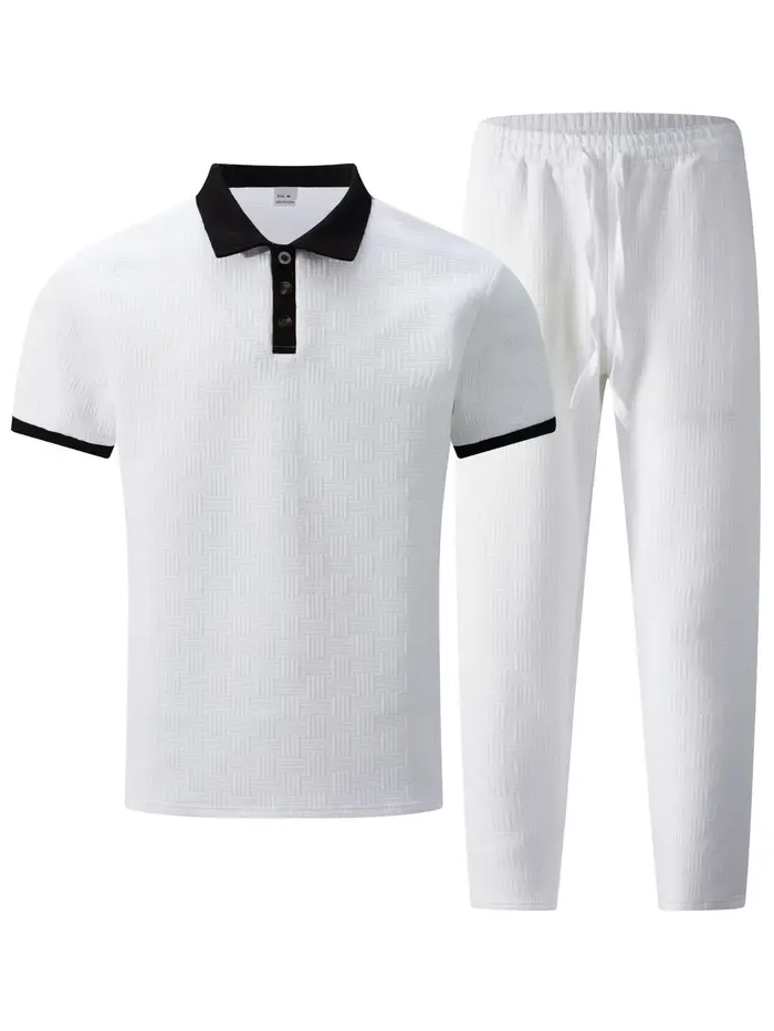 Ensemble 2 pièces polo et pantalon texturé pour homme avec col contrastant – Survêtement décontracté pour le streetwear quotidien