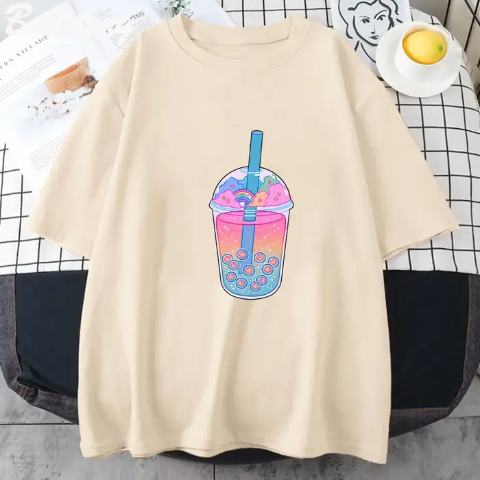 Boba Tea – T-shirt noir à manches courtes pour femme