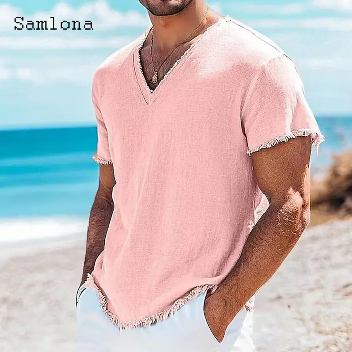 Hommes à manches courtes chemise en lin vêtements 2025 Europe mode haut basique pulls solide blanc vert Blouse