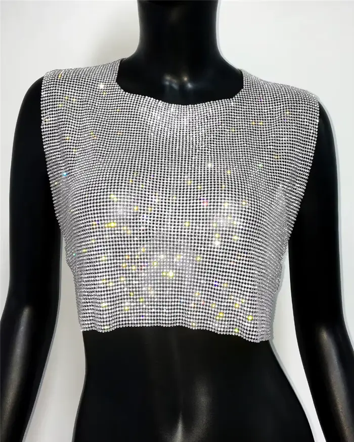 Haut court à paillettes et strass brillants, Sexy, dos nu, col rond, débardeur en métal pour femmes,