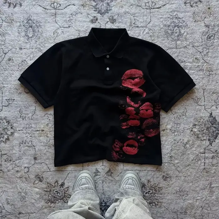 Y2K Polo imprimé Rock Goth T-shirt surdimensionné Hip Hop col boutonné chemise Punk T-shirt décontra