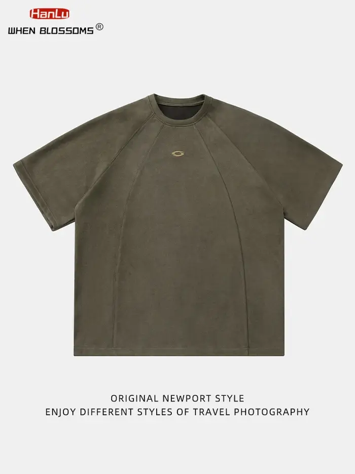 HANLU nouvel été hommes daim T-shirt broderie Vintage Hip Hop surdimensionné