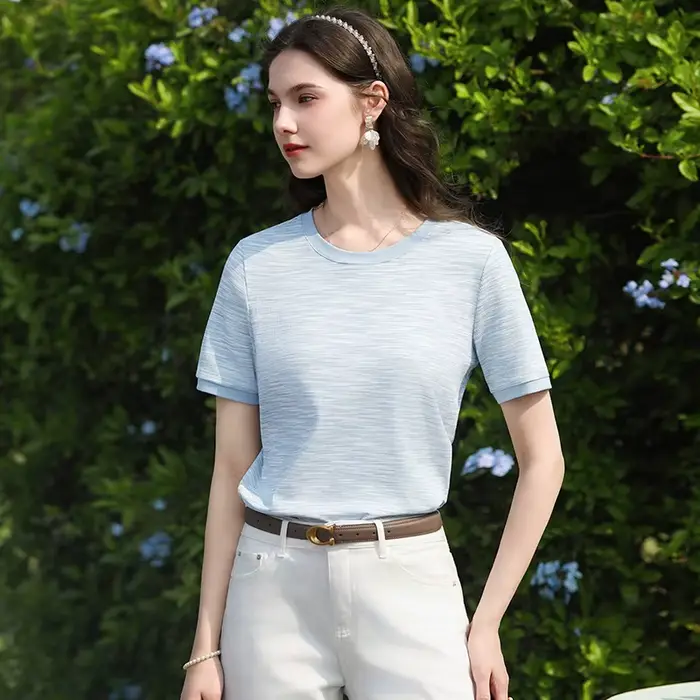 I BELIEVE YOU T-shirt tricoté à rayures bleues et blanches pour femme, col rond, manches courtes, ha