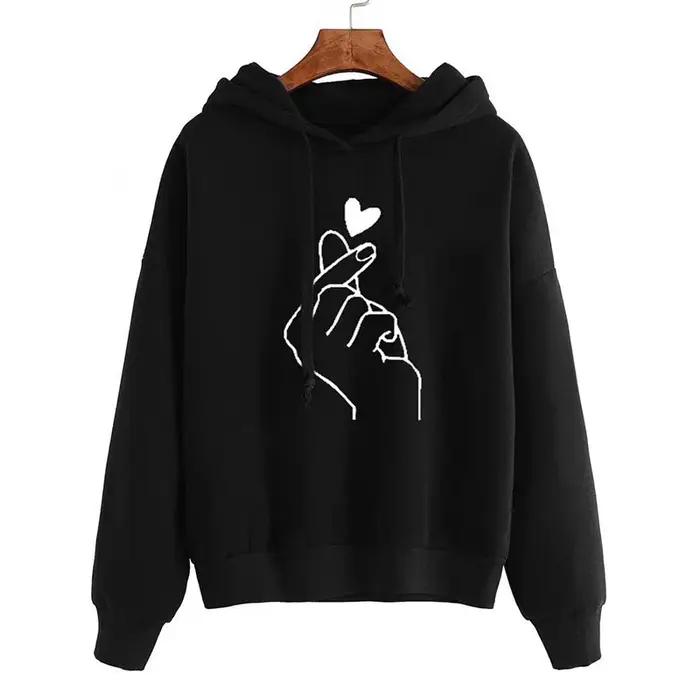 Automne sweat à capuche polaire couleur unie doigt coeur à capuche mode coréenne sweats à manches lo