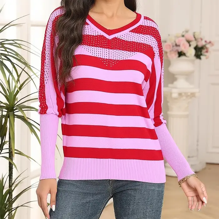 Femmes grande taille été pull manches chauve-souris chemise rayée