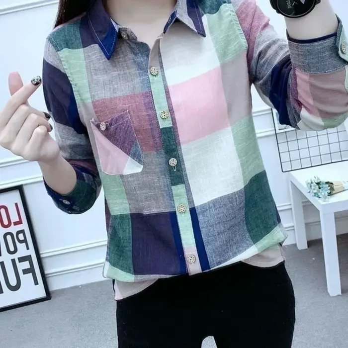 Chemise à carreaux en coton et lin pour femmes