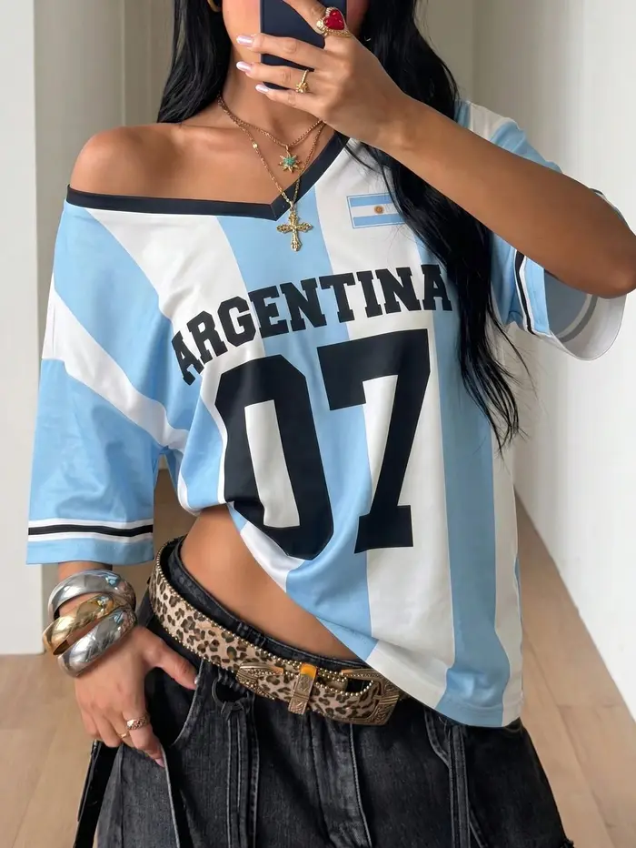 Maillots de football rétro # T-shirt ample rayé bleu et blanc à col en V