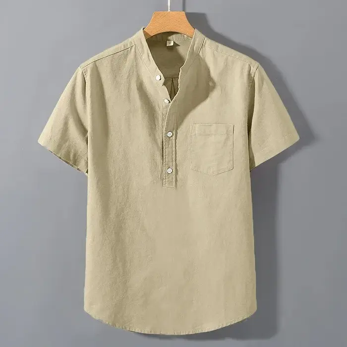 Nouveaux hommes à manches courtes t-shirts couleur unie col montant chemise été à la mode respirant ample jeunesse basique coton poche haut