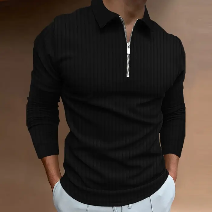 Polo pour hommes avec col, rayures, manches longues et fermeture éclair