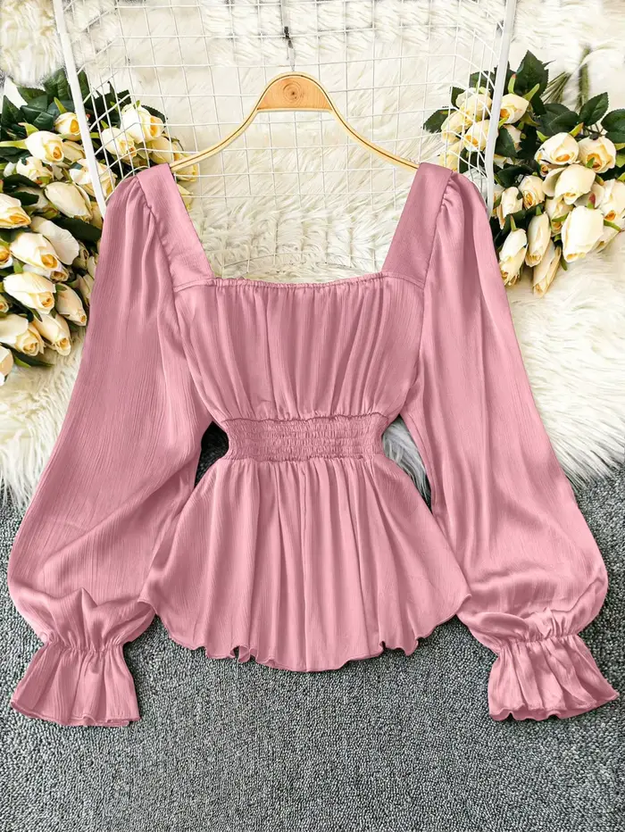 Haut en mousseline rose à manches longues pour femme