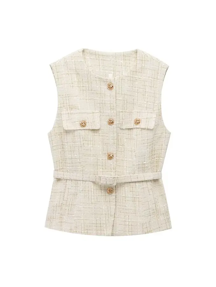 Gilet en Tweed avec ceinture pour femmes, col rond, sans manches, bouton sur le devant, vêtements d'extérieur pour femmes, hauts chics, à la mode