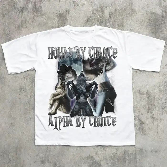 T-shirt drôle et ironique « Human By Chance Alpha By Choice » avec loup déchirant