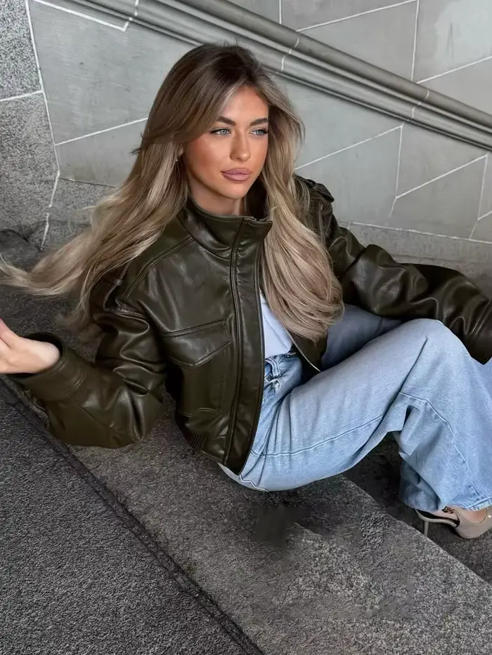 HH mode printemps femmes Faux cuir recadrée veste 2026 Vintage col rabattu fermeture éclair manches