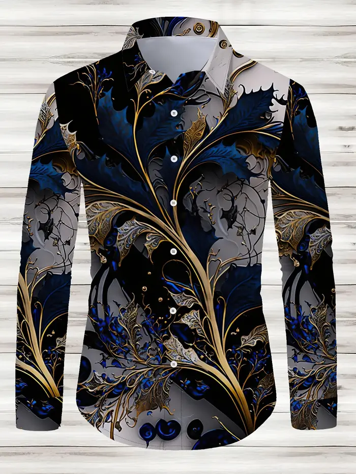 Chemise boutonnée décontractée à motifs géométriques pour hommes – Mélange de polyester, col à rever