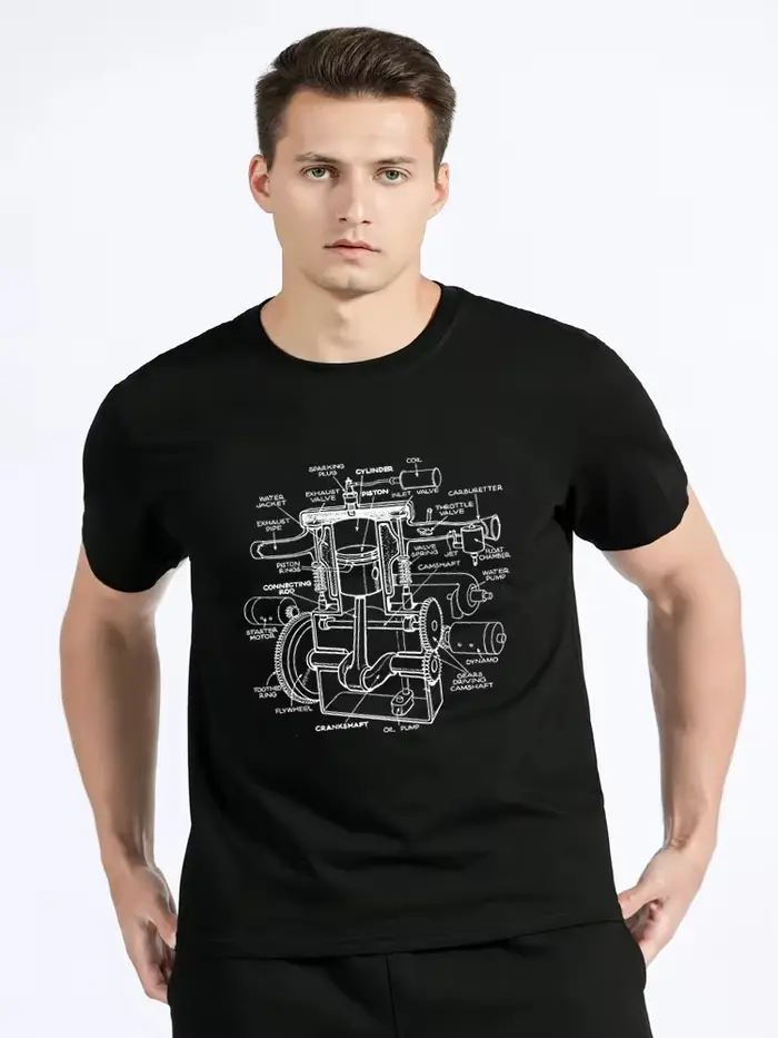 T-shirt en coton imprimé avec motif de composants de moteur de voiture pour hommes - Chemise d'été à manches courtes. Convient aux passionnés de mécanique automobile