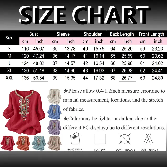 Chemises en lin d'été pour femmes Broderie rétro Tops amples à manches 3/4 Tuniques décontractées Blouses Boho Chemise de plage de vacances Blusas
