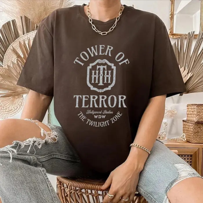 T-shirt manches courtes femme, vintage, rétro, décontracté, à la mode, tour de terreur, hôtel, studi