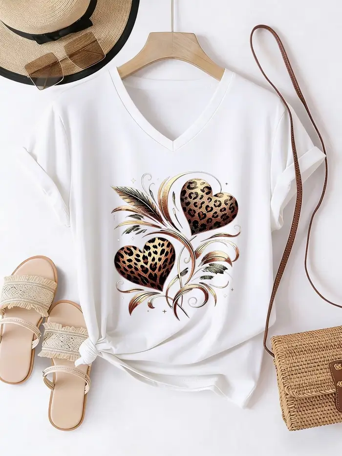 T-shirt tendance vintage à fleurs, col en V, mode décontractée Y2K, t-shirts imprimés pour femmes, m