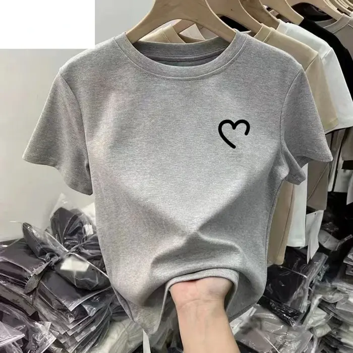 Coeur graphique t-shirt femmes drôle col rond à manches courtes été imprimé unisexe hauts Simple ligne