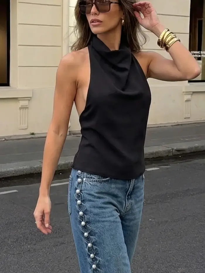 Tops en satin HH Halter pour femmes