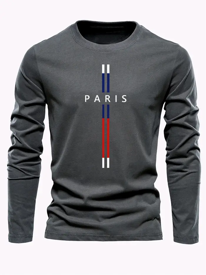 T-shirt à manches longues pour homme, col rond, imprimé graphique Paris Letter, 100% coton pur, ampl