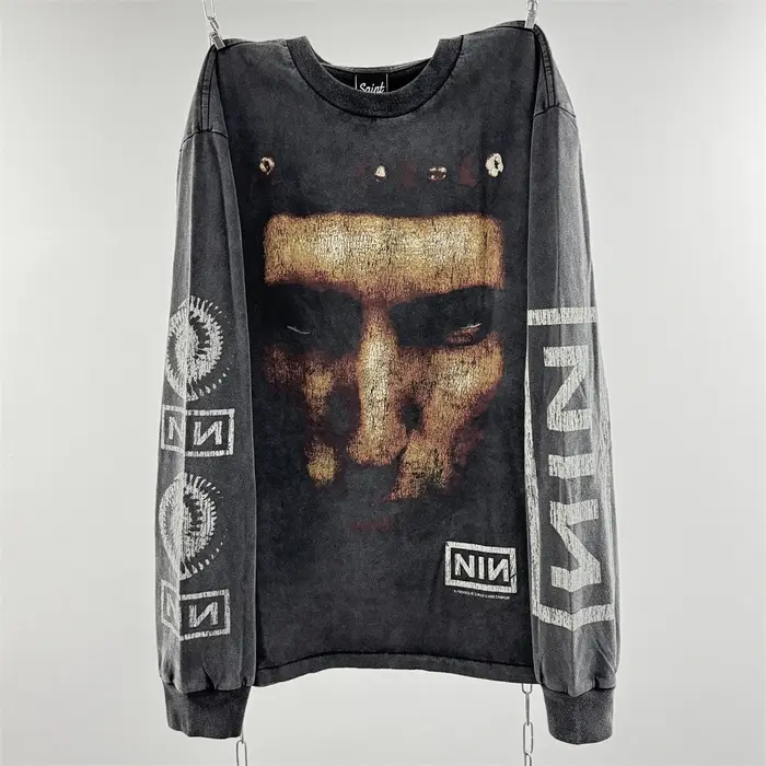 T-shirt à manches longues oversize unisexe Saint NIN Nine-inch Nail effet délavé