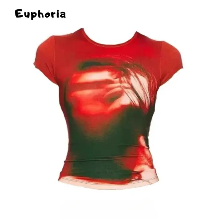 Euphoria-T-shirt graphique japonais Y2k, haut court à manches courtes Trashy, esthétique grunge, t-shirts plissés, Vintage Harajuku, années 2000, années 90