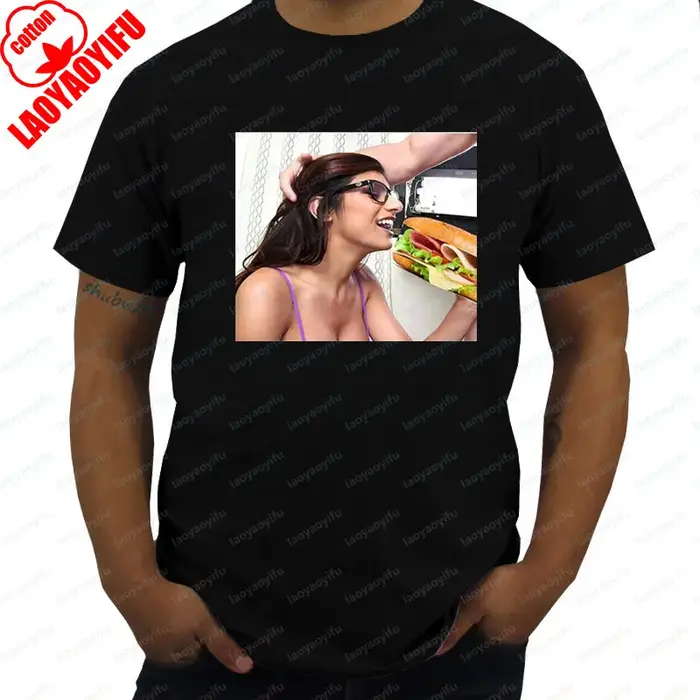 T-shirt imprimé humoristique et drôle Khalifa Action Movie Star, motif femme mangeant un sandwich, T
