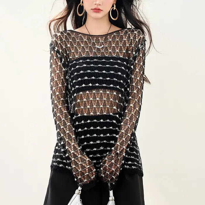 Hauts transparents chemises femmes 2025 nouvel été col rond à manches longues au crochet découpé tricoté