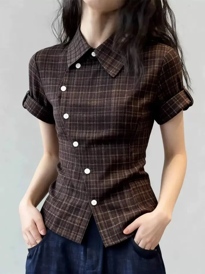 Chemise à manches courtes à carreaux couleur café rétro pour femmes