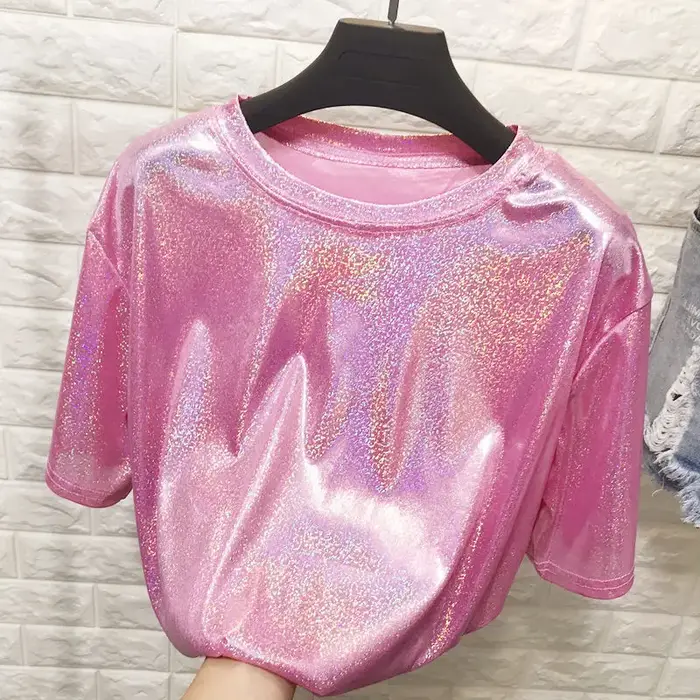 Été femme hauts brillant ample à manches courtes t-shirt sexy club esthétique harajuku femmes élégant
