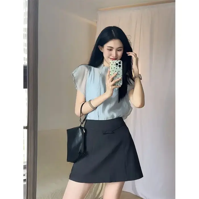 Élégant col mi-haut manches volantes en mousseline de soie chemise transparente Camisole t-shirt fem