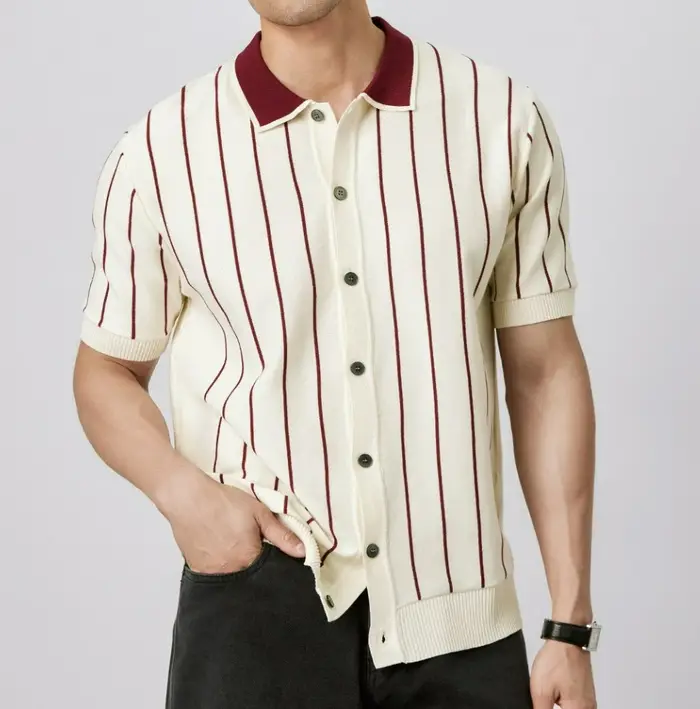Polo rayé décontracté pour homme – Haut fin tricoté à col revers et manches courtes pour l'été