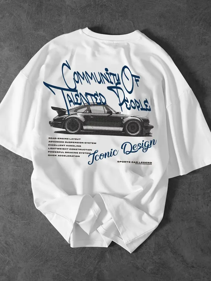 T-shirt blanc tendance pour l'été avec motif de voiture de sport classique, fabriqué en 100% coton, 