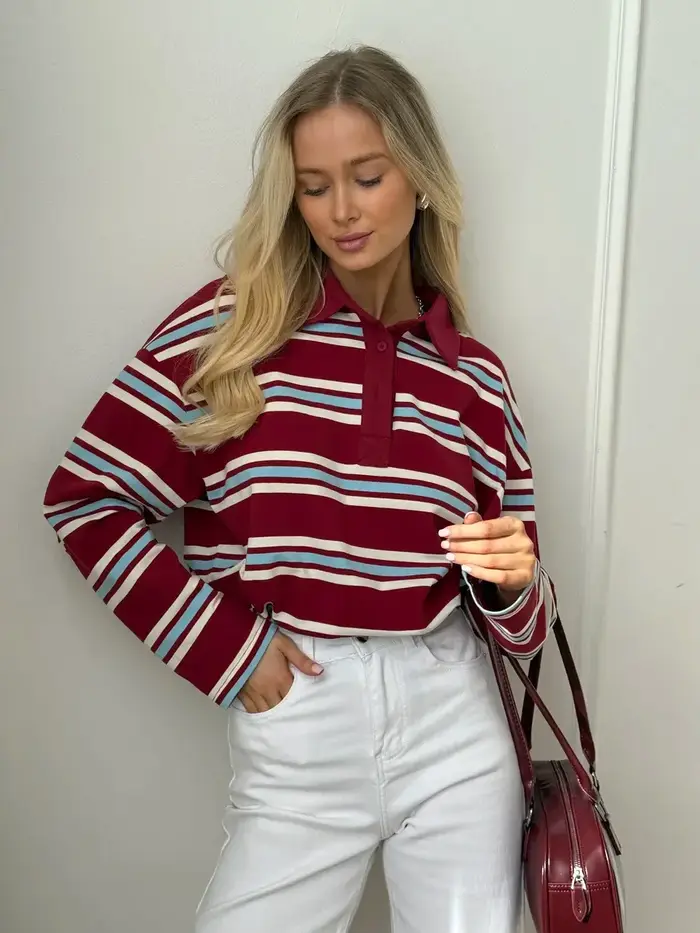 Wolfeel Femmes Vintage Inspiré Rétro Rayé Col Polo Surdimensionné Goutte Épaule Manches Longues T-Shirt À La Mode Haut Décontracté