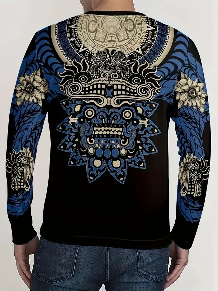 T-shirt à manches longues imprimé Quetzalcoatl pour homme 2026 avec graphiques aztèques numériques