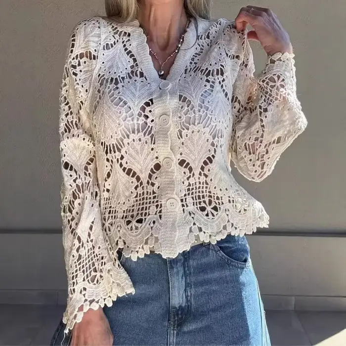 Nouveau T-shirt en crochet tricoté ajouré à col en V et simple boutonnage pour femme 2026