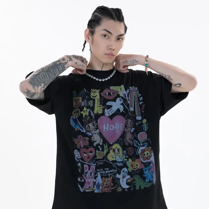 Hommes T-Shirt surdimensionné Hip Hop Streetwear peinture lettre coeur arc-en-ciel anges graphique