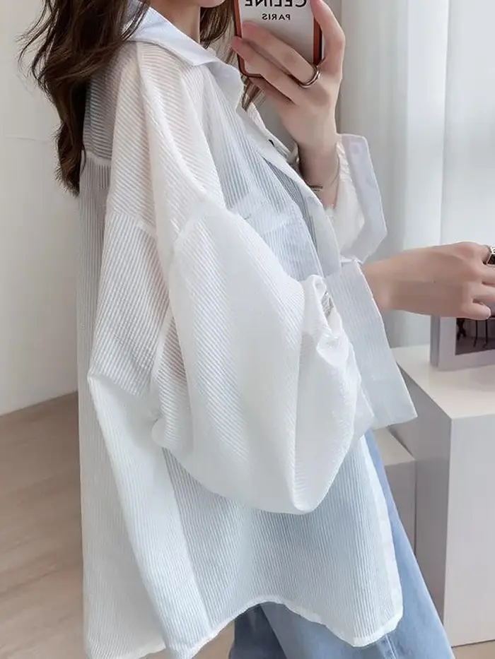 Jmprs coréen Sexy femmes Transparent rayé chemise surdimensionné ample à manches longues