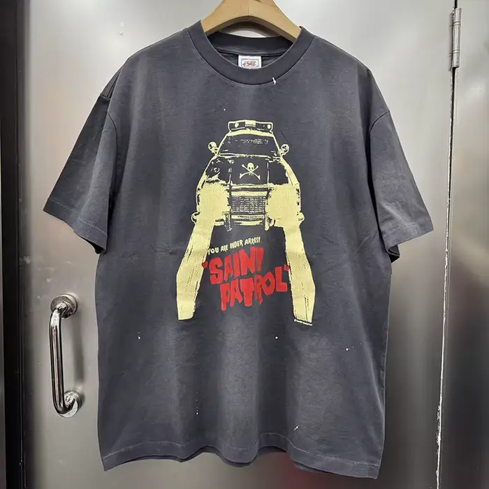 SAINT PATOROL T-shirt vintage à col rond surdimensionné avec logo crânes imprimé voiture, style stre