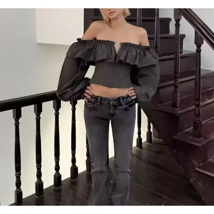 Chemisier Rétro Français Rayé à Manches Longues pour Femme – Tendance Automne