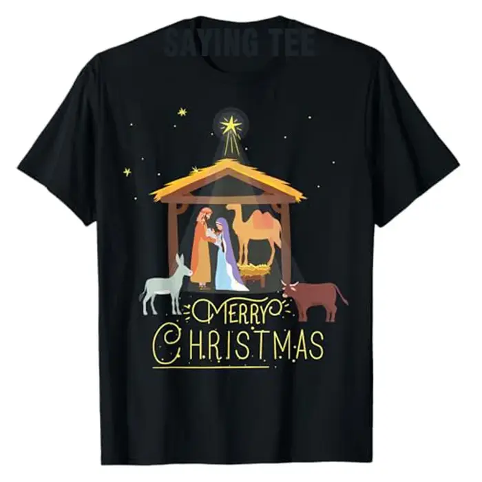 T-shirt manches courtes avec illustration de dessin animé, haut graphique, joyeux Noël, scène de la 