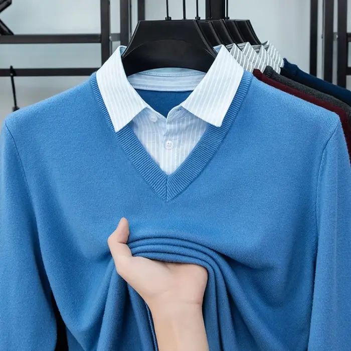  Pull en tricot à col de chemise pour hommes - Bleu clair (6 couleurs) Faux design à deux couches Style décontracté