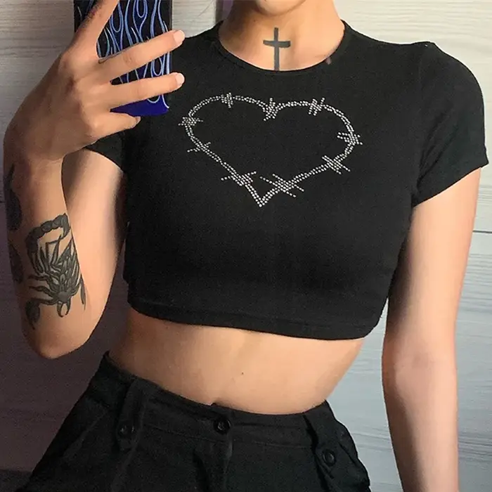 Y2k-T-shirt à Manches Courtes et Col Rond pour Femme, Vêtement d'Été Sexy, Punk, Vintage, Gothique,