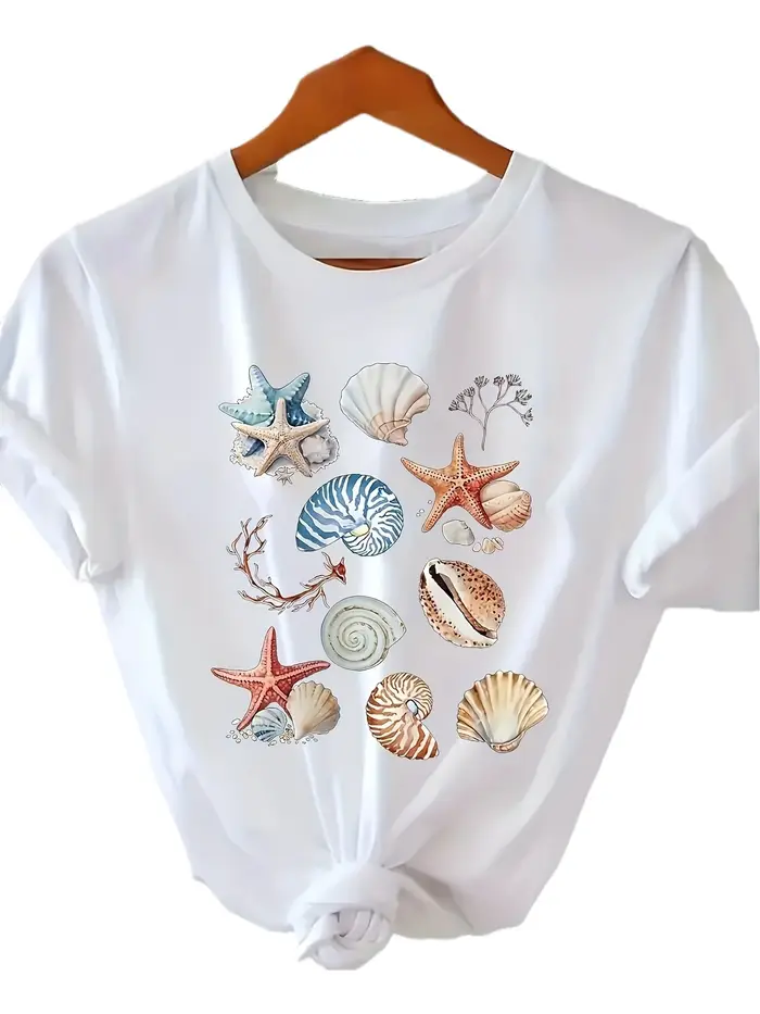 T-shirt décontracté pour femme, beige clair, motif étoile de mer, coquillages et récif corallien, ha