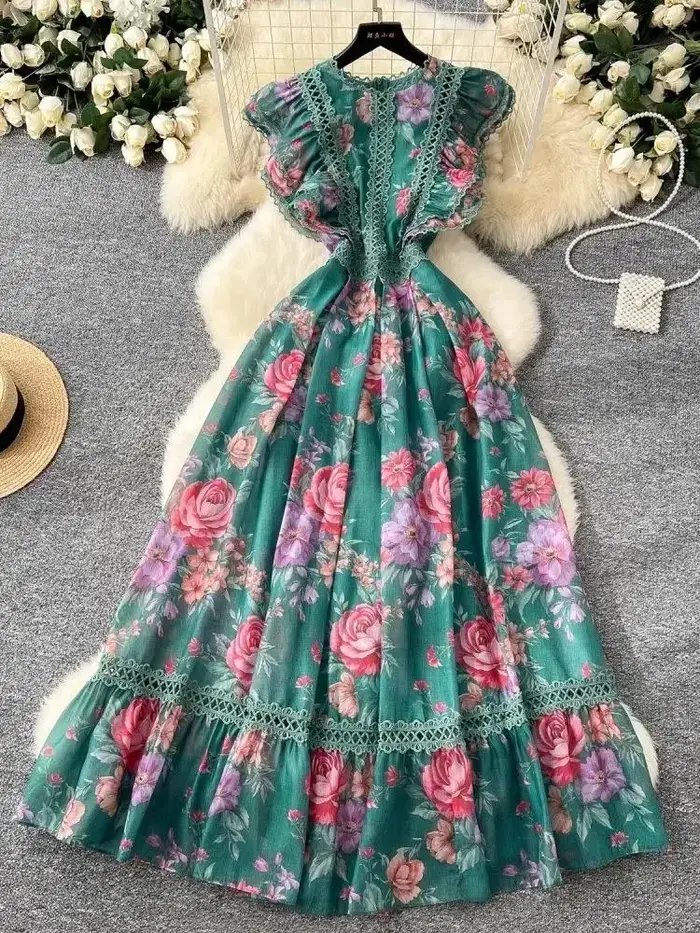 Femmes manches papillon plage Boho volants longues robes vacances d'été dentelle évider épissure magnifique fleur en