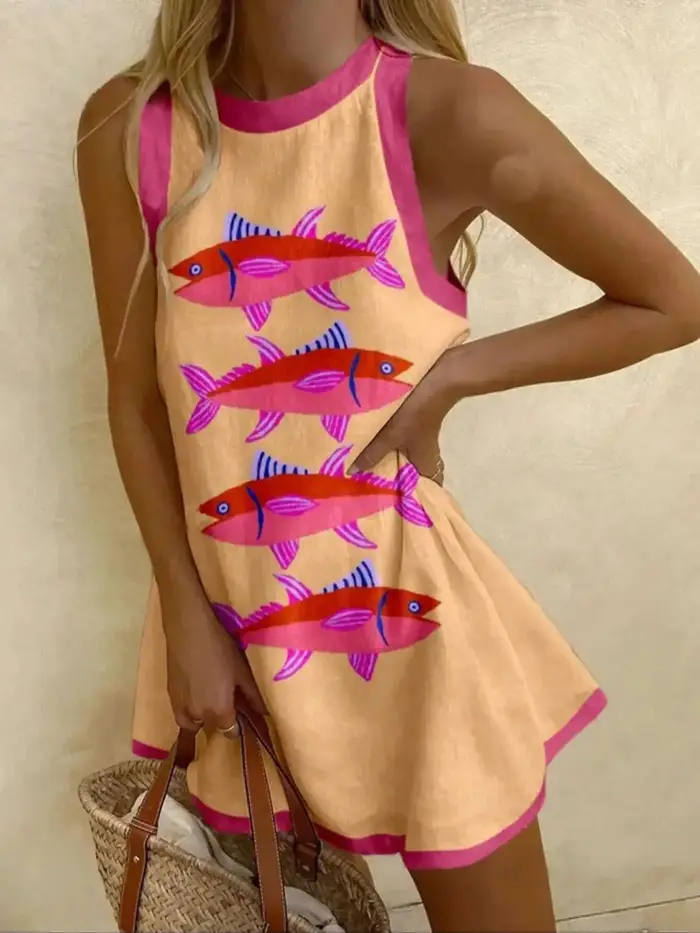 Vacances en bord de mer Sardine poissons tropicaux déclenchant sans manches Mini robes surdimensionnées Y2k dames