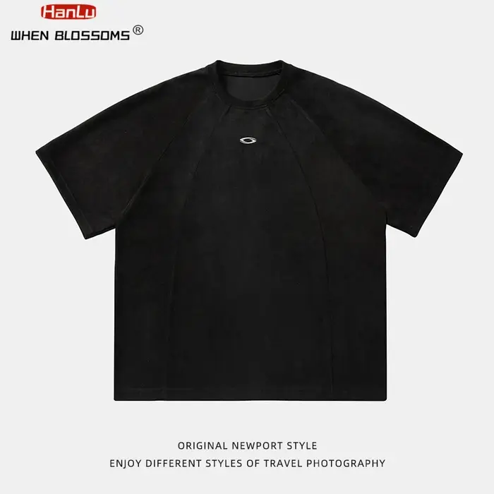 HANLU nouvel été hommes daim T-shirt broderie Vintage Hip Hop surdimensionné